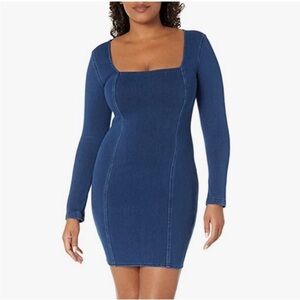 Guess Denim Mini Dress Back Zip Blue Long Sleeve Crew Neck Corset Fit Sexy Bust